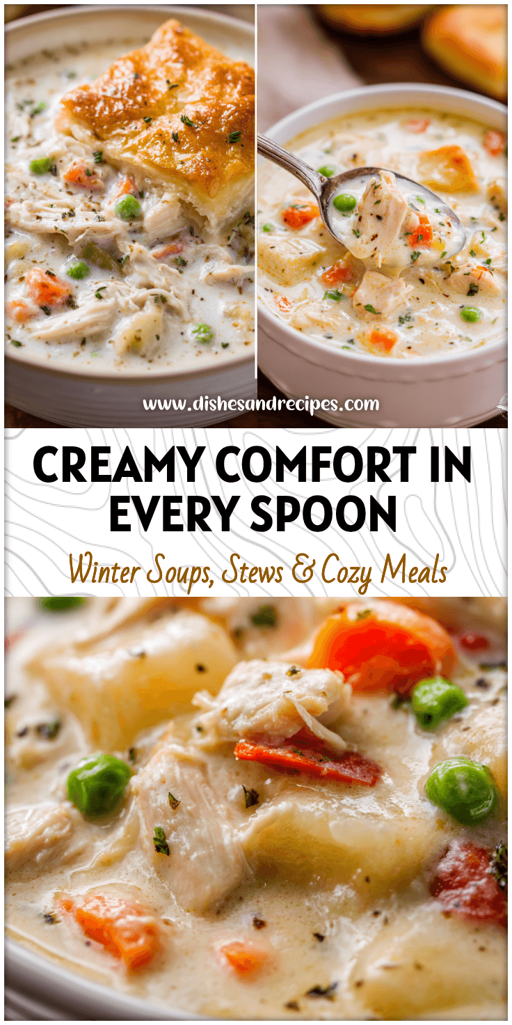 Bowl of creamy Chicken Pot Pie Soup from Natashas Kitchen with tender chicken and vegetables.